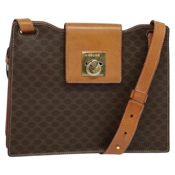 CELINE Macadam Canvas Shoulder Bag PVC Leather Brown Gold - Picture 1 of 16